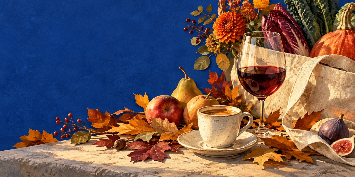 Original autumn still life with warm leaves, coffee and wine